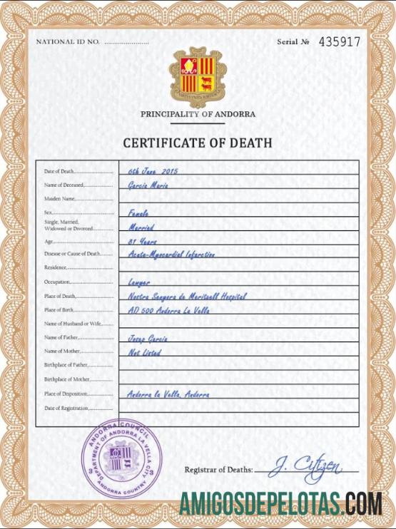 Imprimível modelo PSD de certidão de óbito de Andorra